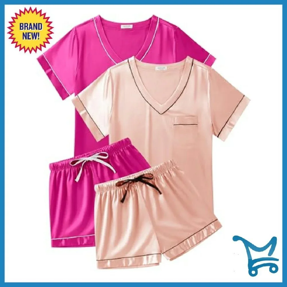 Silk Satin Pajama Set V-Neck Shorts Lounge Sleepwear S-XXL